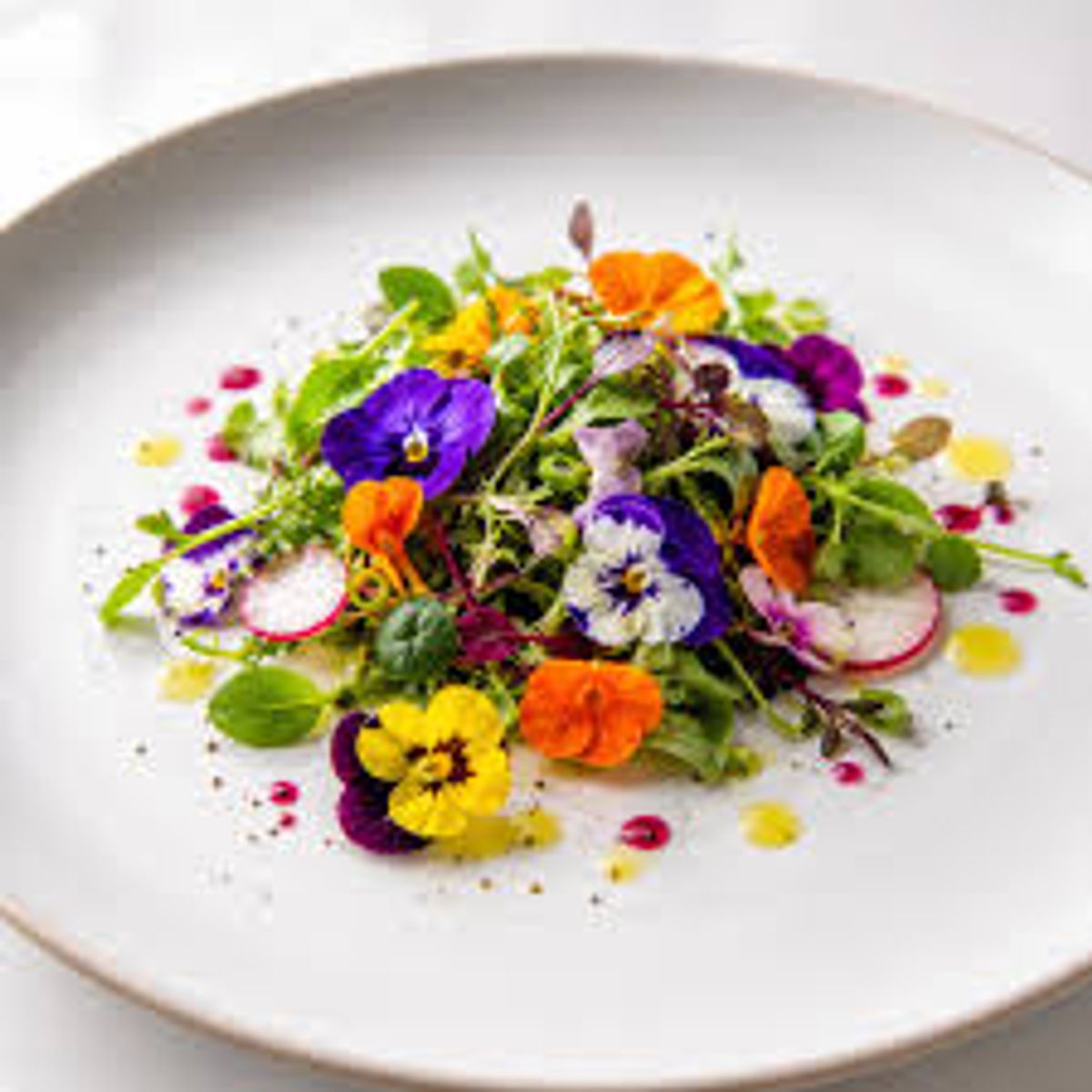 A mix of edible flowers with delicate petals in varied colours