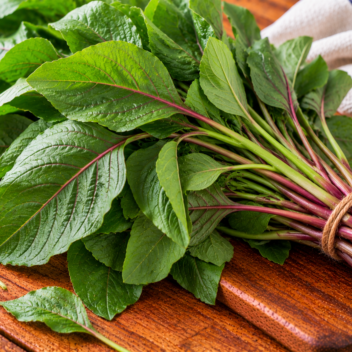 Green amaranth leaves with oval blades and slender stems