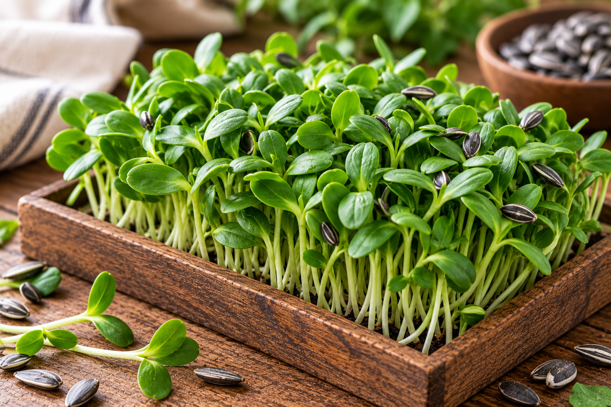 Fresh sunflower microgreens with vibrant green leaves, pale stems, and sunflower seed hulls.