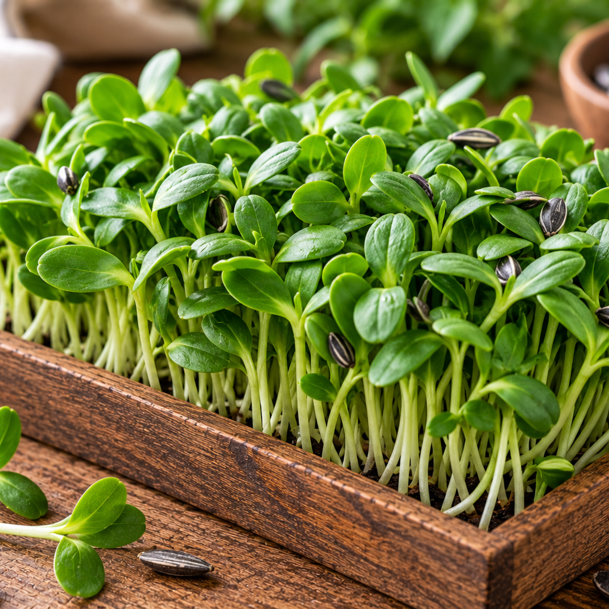 Fresh sunflower microgreens with vibrant green leaves, pale stems, and sunflower seed hulls.