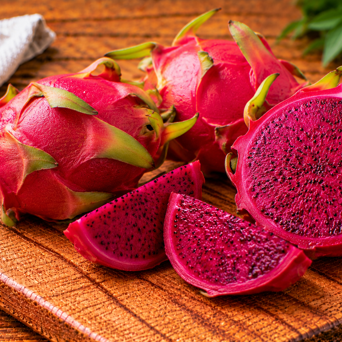 Red dragon fruit with magenta skin and green-tipped scales