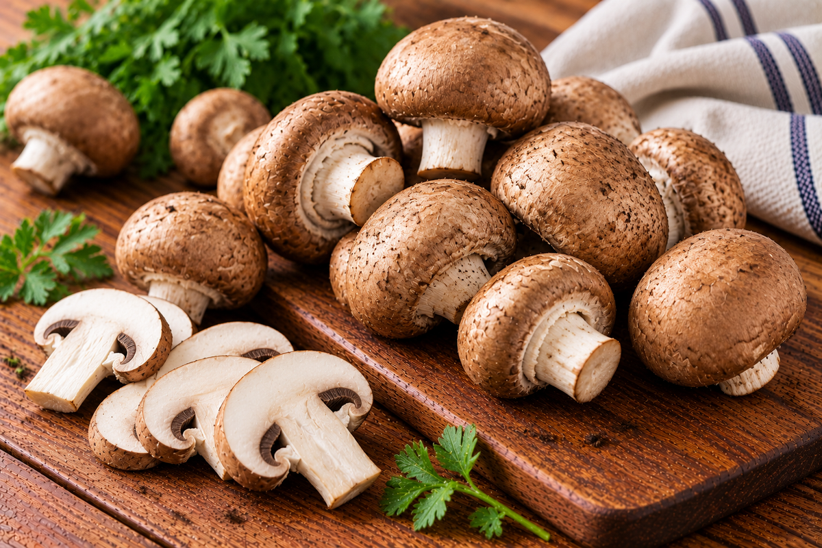 Cremini mushrooms with rounded tan-brown caps