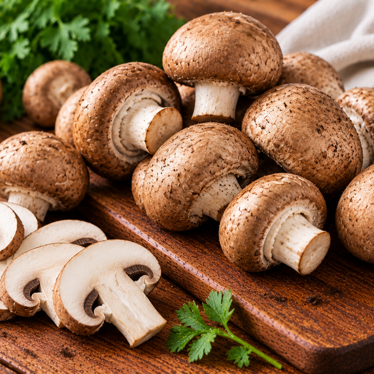 Cremini mushrooms with rounded tan-brown caps