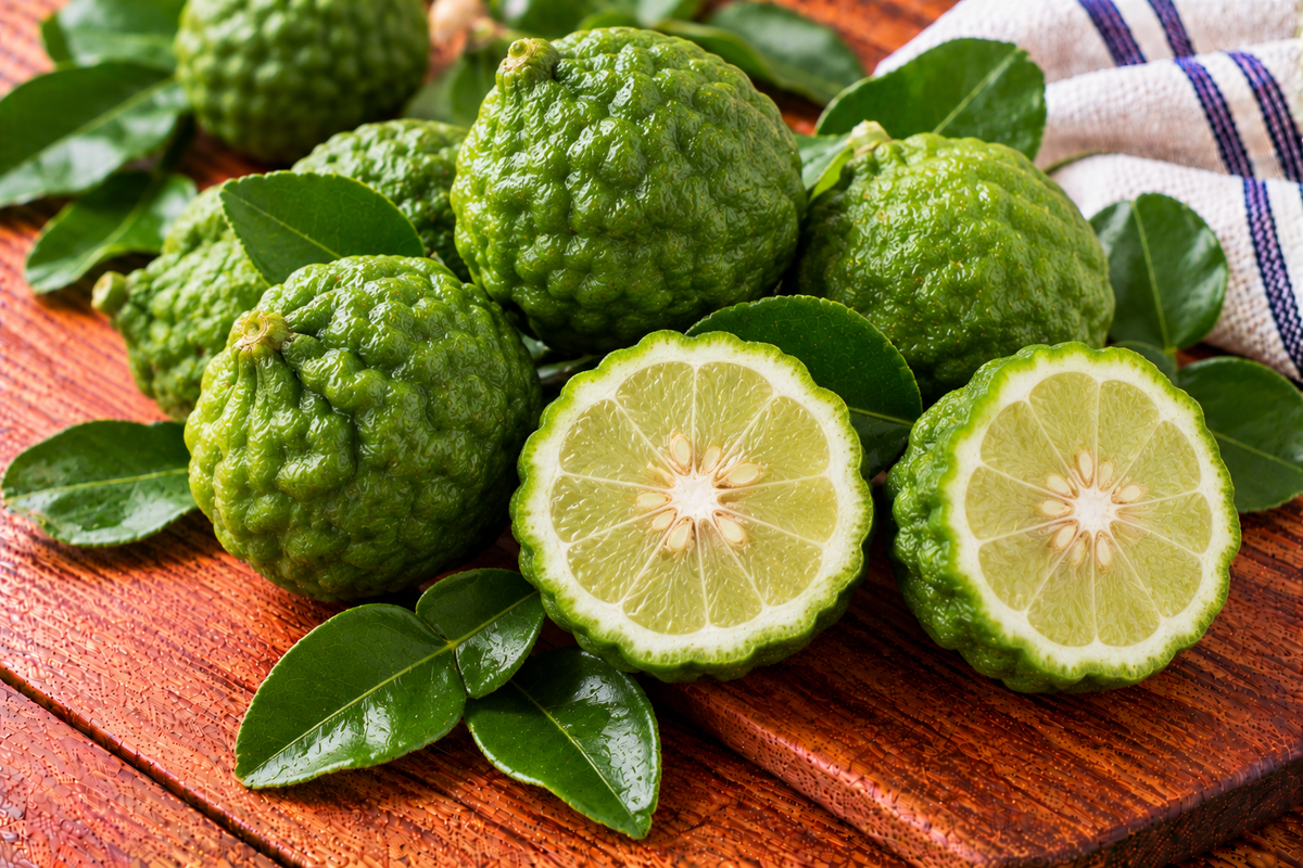 Kaffir lime fruit with a knobbly green rind