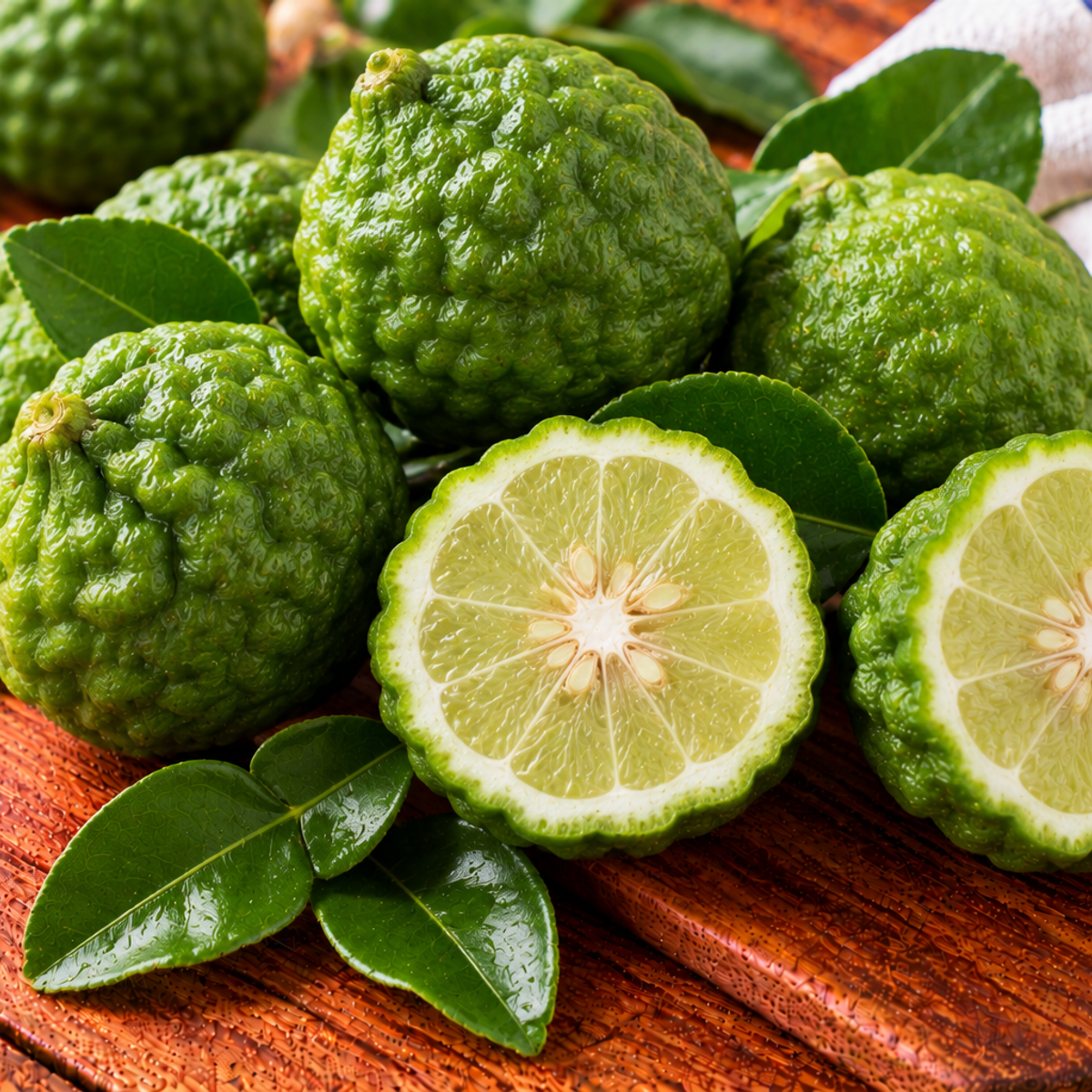 Kaffir lime fruit with a knobbly green rind