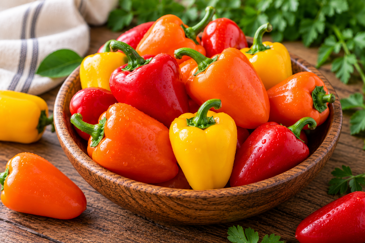 Fresh red, orange, and yellow miniature sweet peppers with green stems arranged in a rustic wooden bowl.