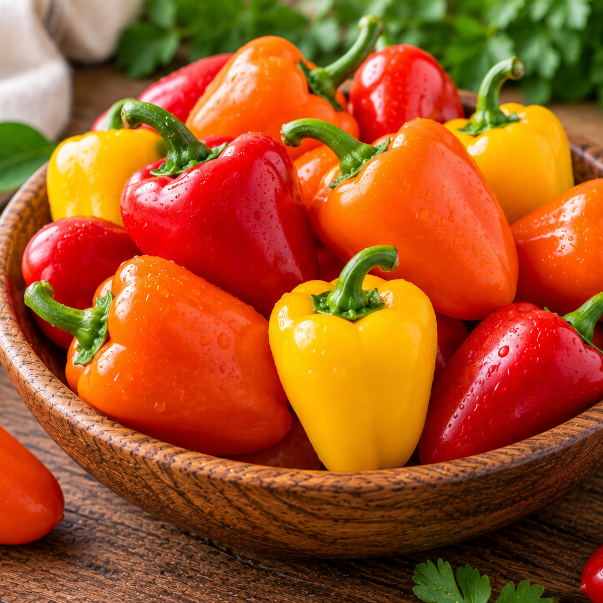 Fresh red, orange, and yellow miniature sweet peppers with green stems arranged in a rustic wooden bowl.