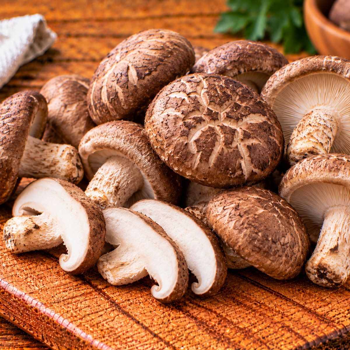 Shiitake mushrooms with rounded brown caps