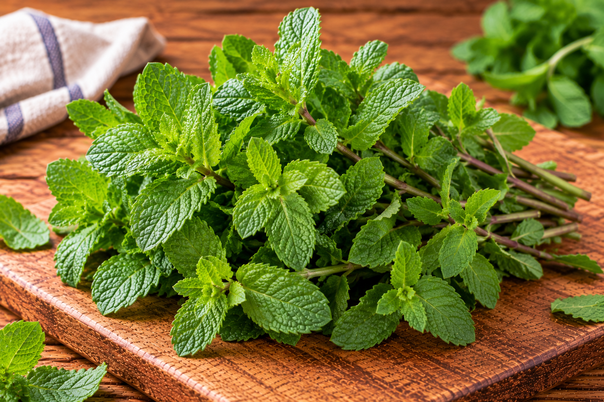 Mint leaves with serrated edges and bright green colouring