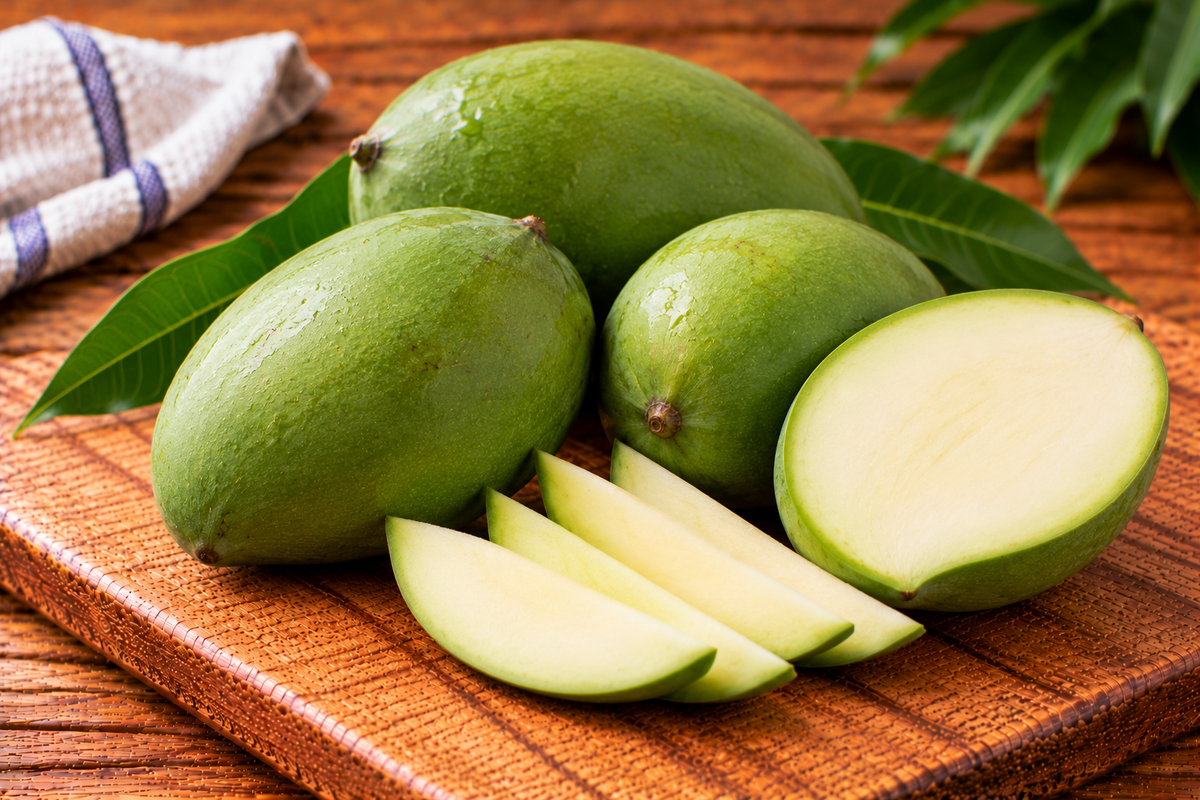Raw mangoes with firm green skins
