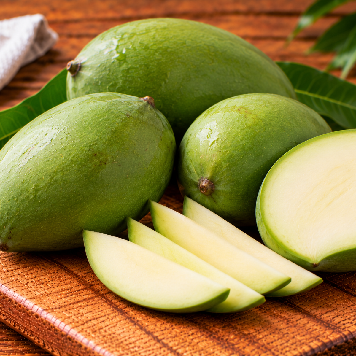 Raw mangoes with firm green skins