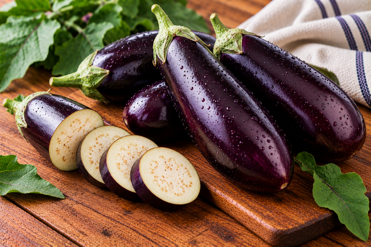 Eggplant with smooth, glossy purple skin and a green calyx