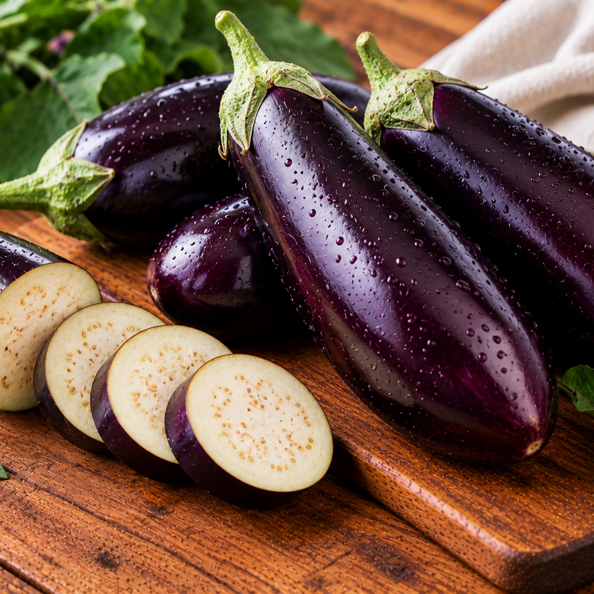 Eggplant with smooth, glossy purple skin and a green calyx
