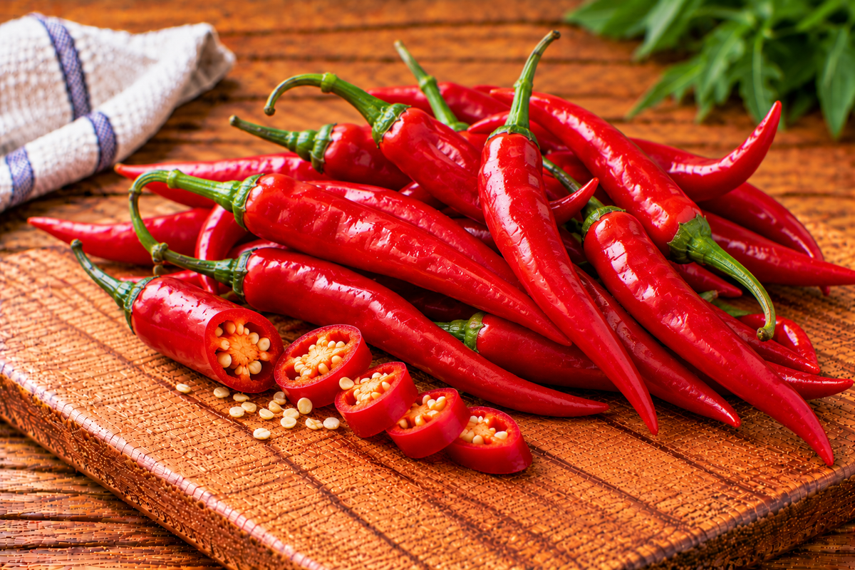 Red chillies with slim, curved red pods