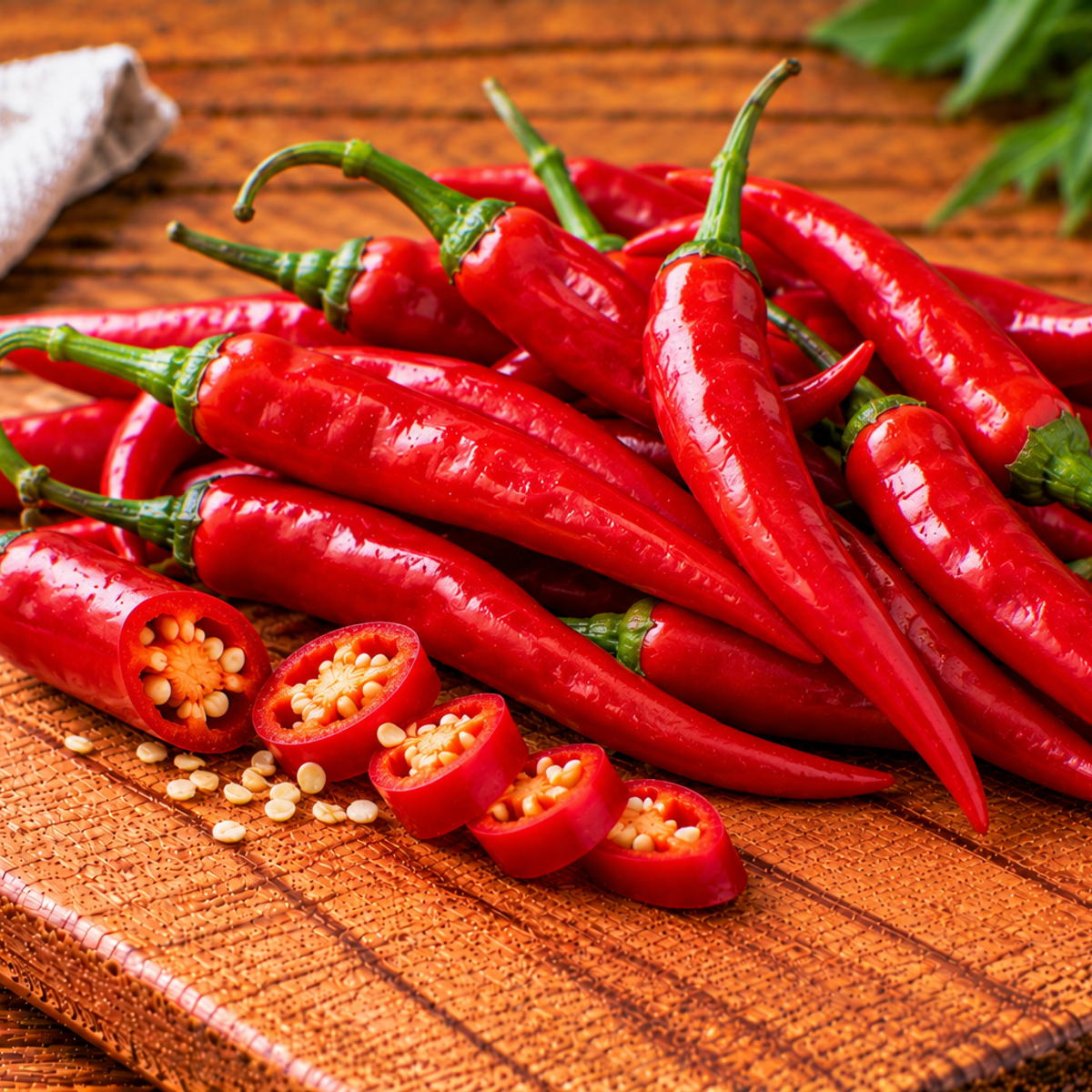 Red chillies with slim, curved red pods