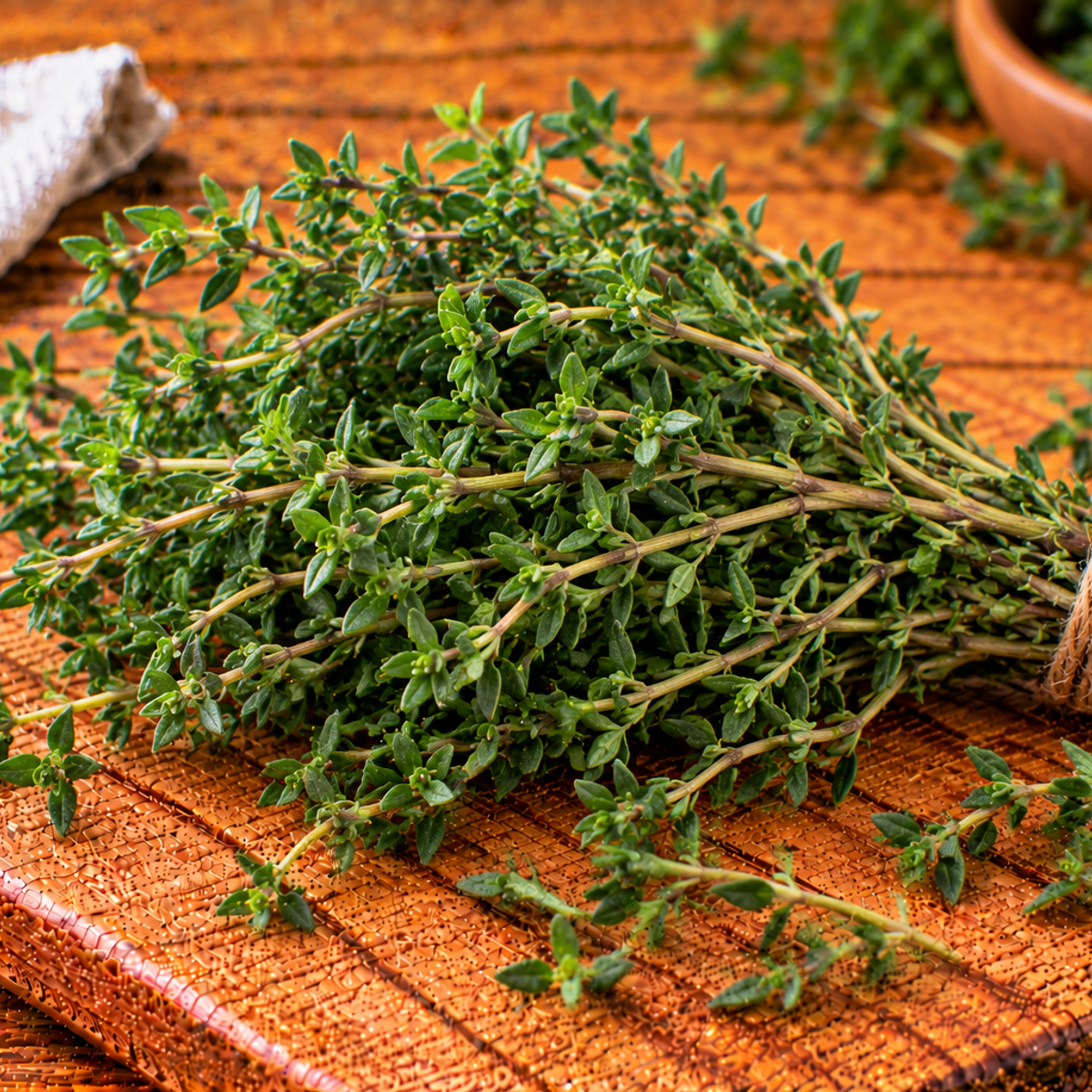 Thyme sprigs with tiny green leaves on slender stems