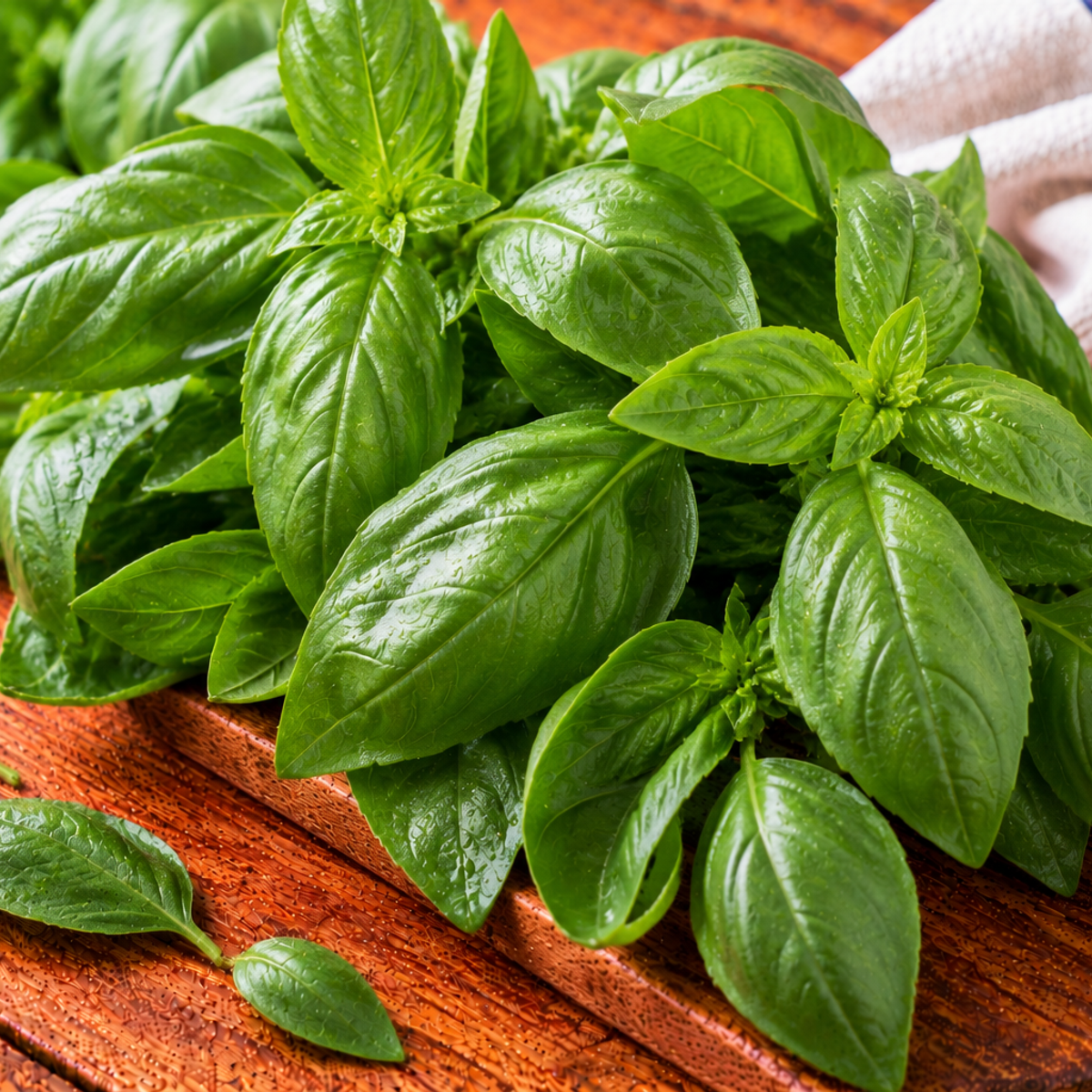 Italian basil leaves with smooth surfaces and oval green blades