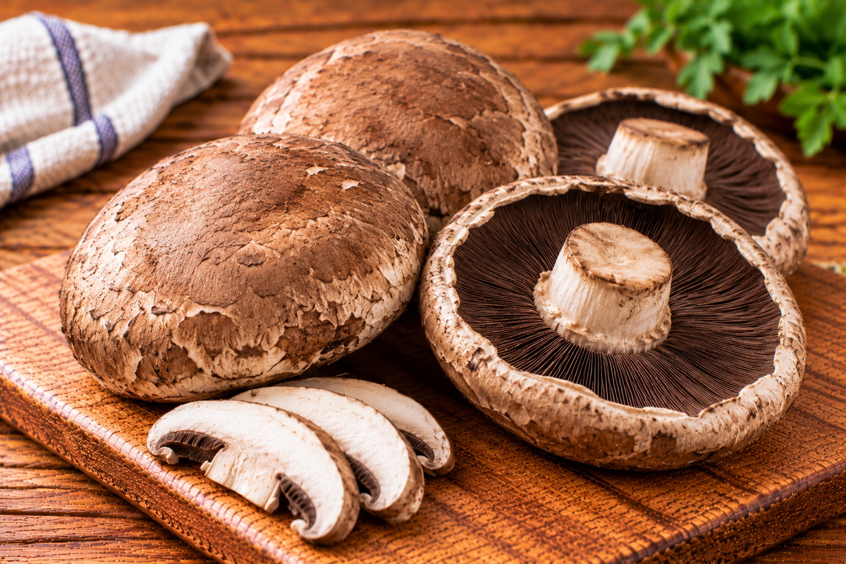 Portobello mushrooms with broad, flat brown caps
