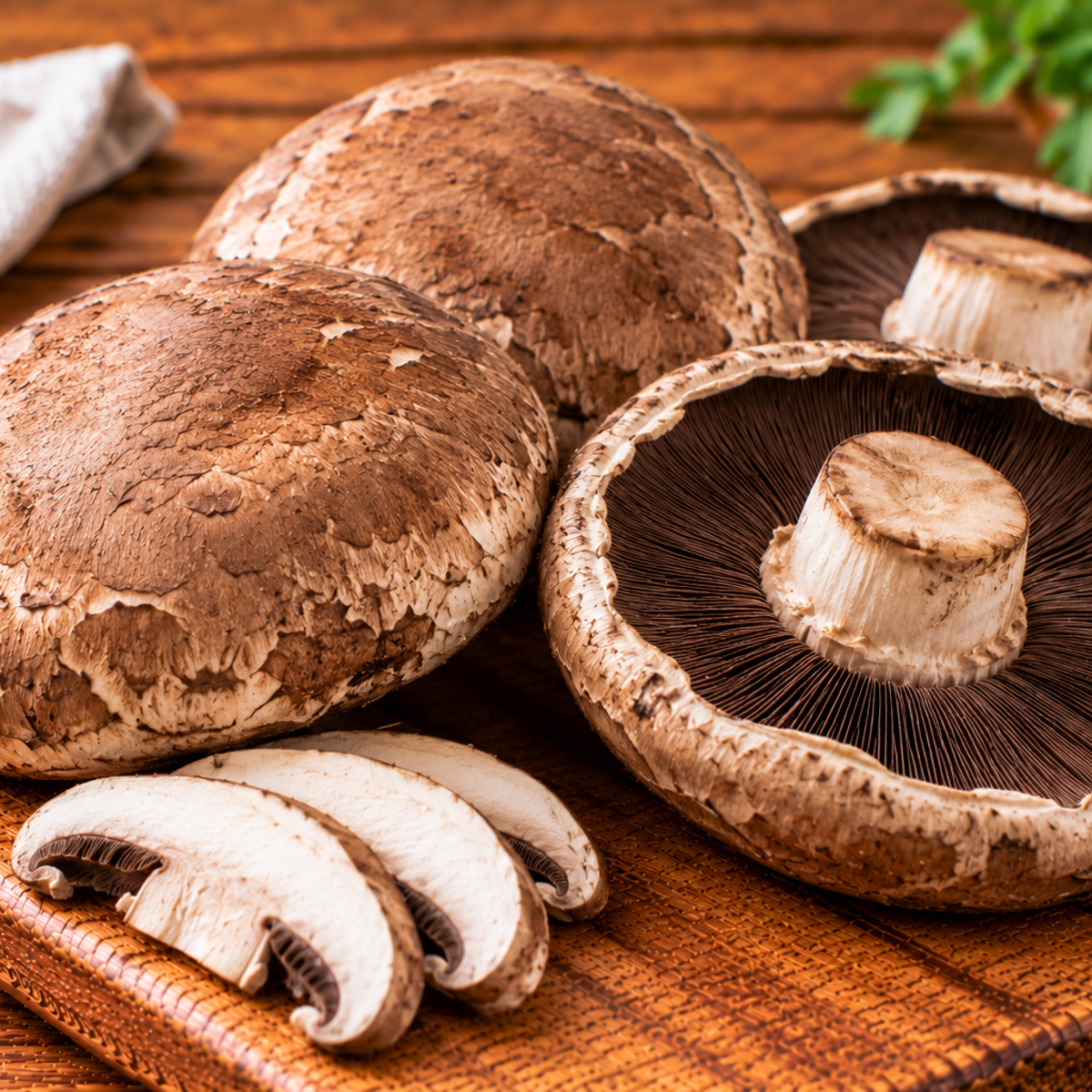 Portobello mushrooms with broad, flat brown caps