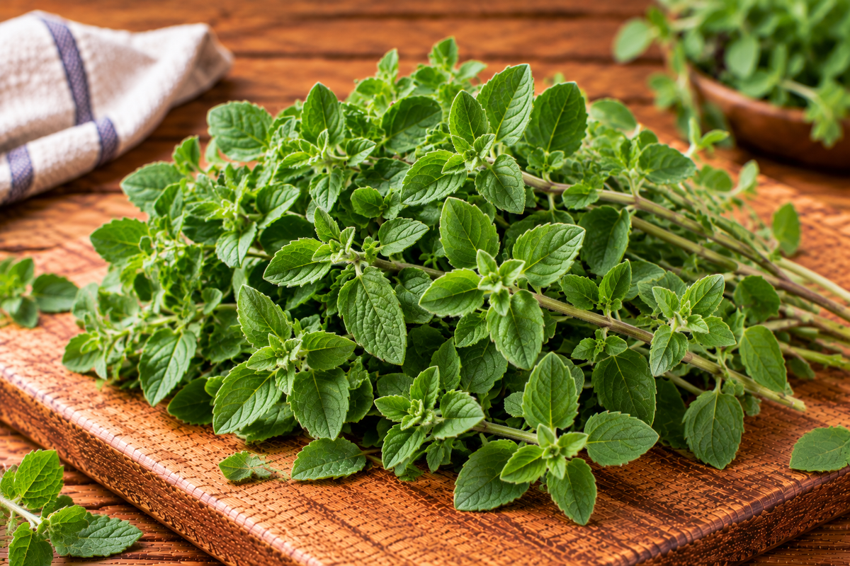Oregano sprigs with small oval green leaves