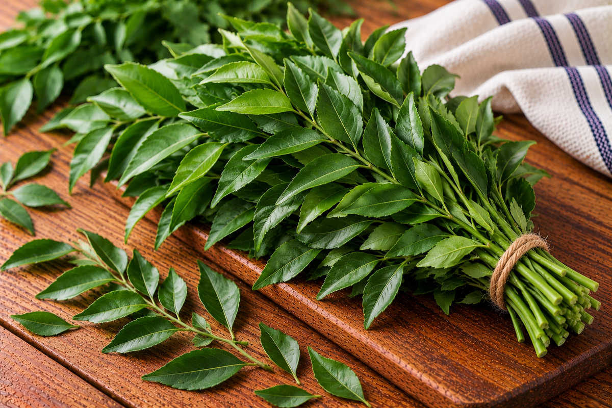 Glossy green curry leaves arranged along a slender stem