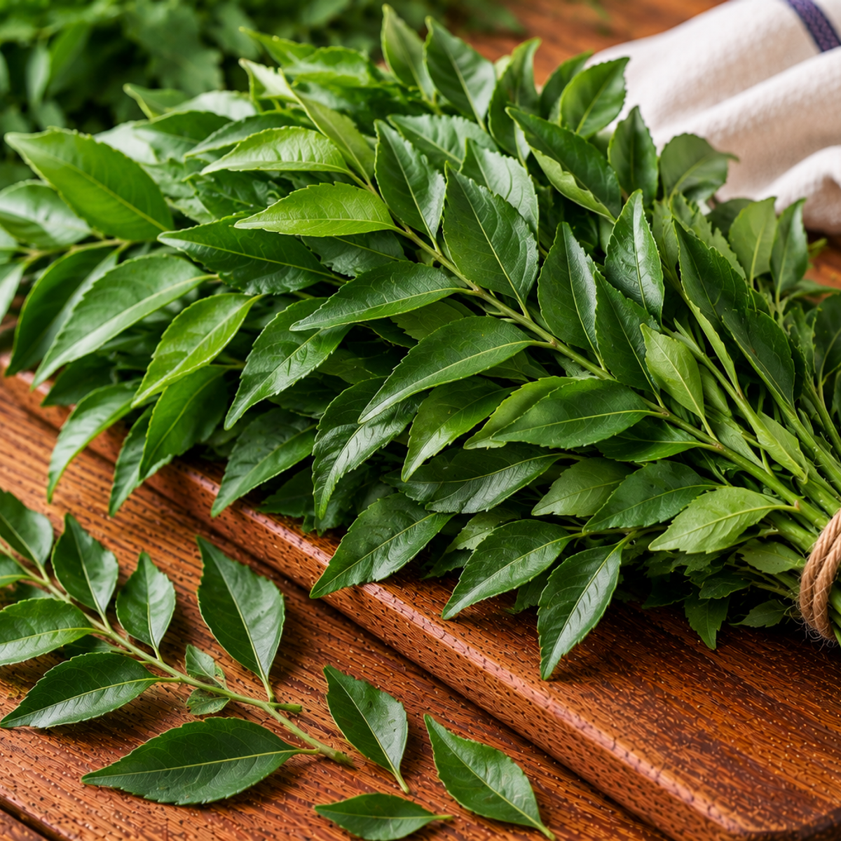 Glossy green curry leaves arranged along a slender stem