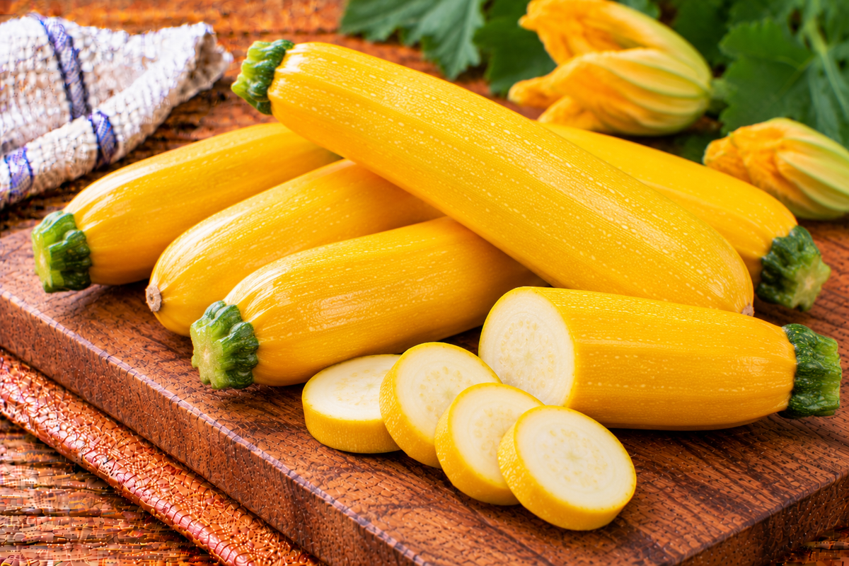 Yellow zucchini with smooth golden skin and an elongated shape