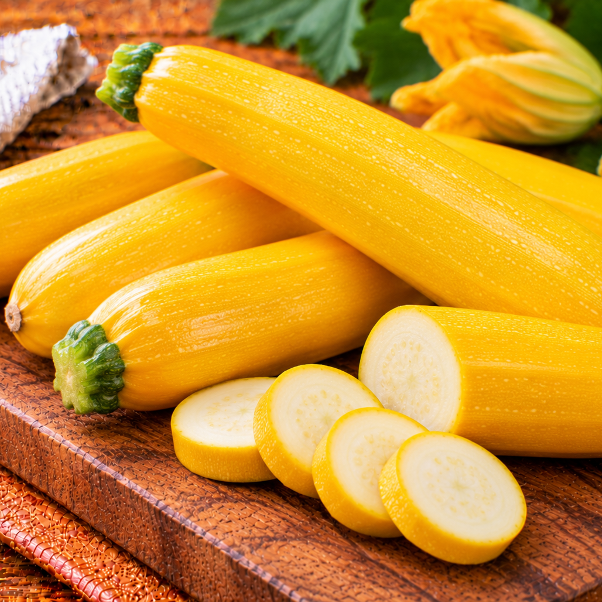 Yellow zucchini with smooth golden skin and an elongated shape