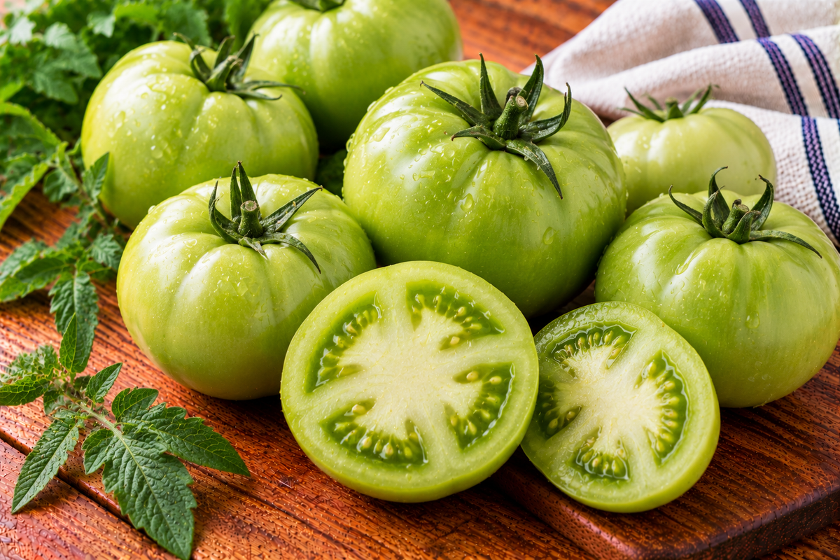 Green tomatoes with smooth, round unripe skins