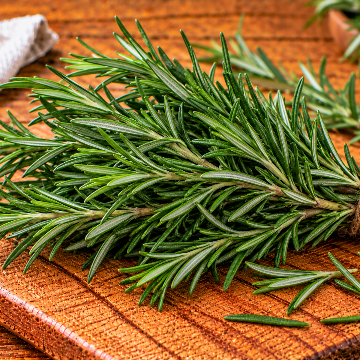 Rosemary sprigs with narrow, needle-like green leaves