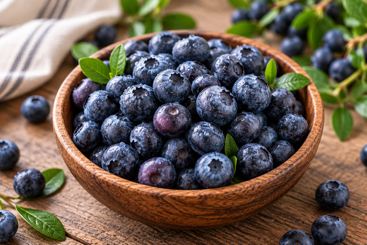 Fresh blueberries with a natural powdery bloom arranged in a wooden bowl with green leaves.