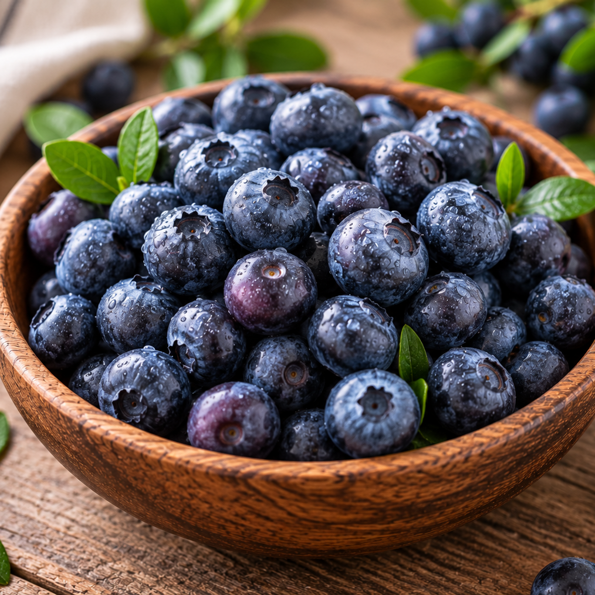 Fresh blueberries with a natural powdery bloom arranged in a wooden bowl with green leaves.