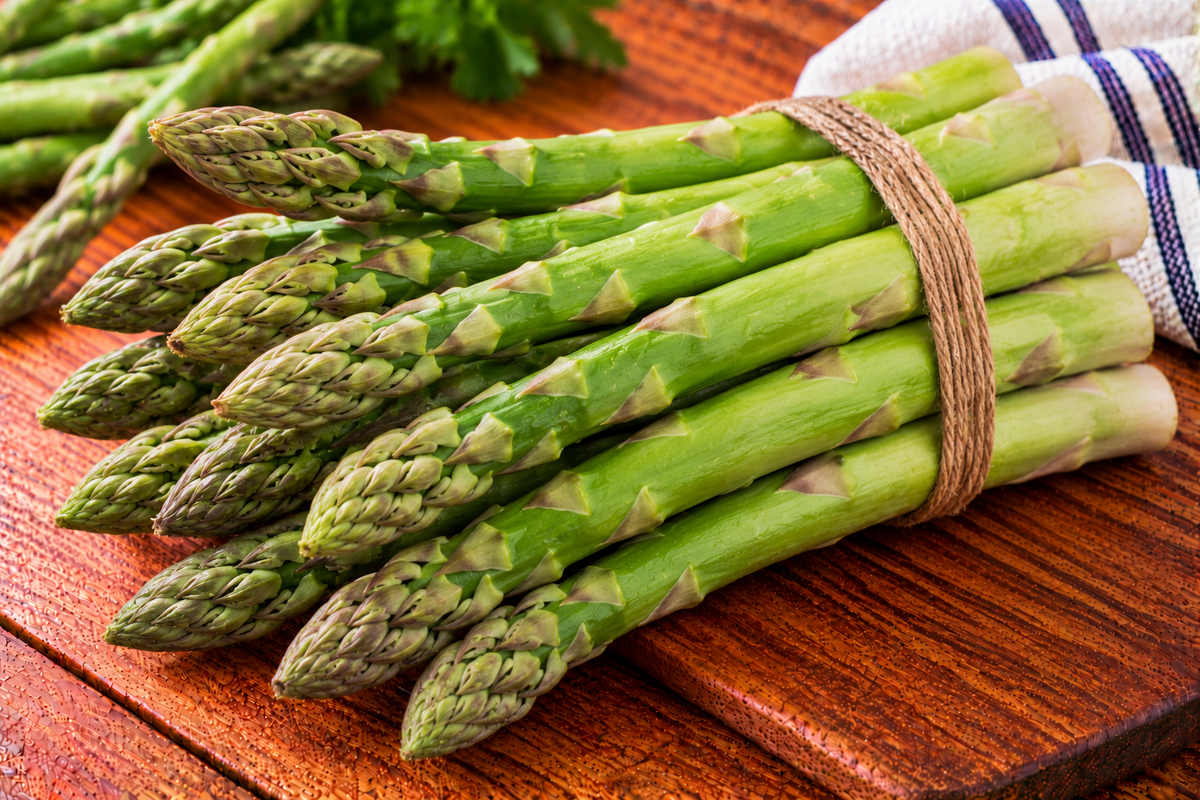 Jumbo asparagus spears with thick green stalks and compact tips