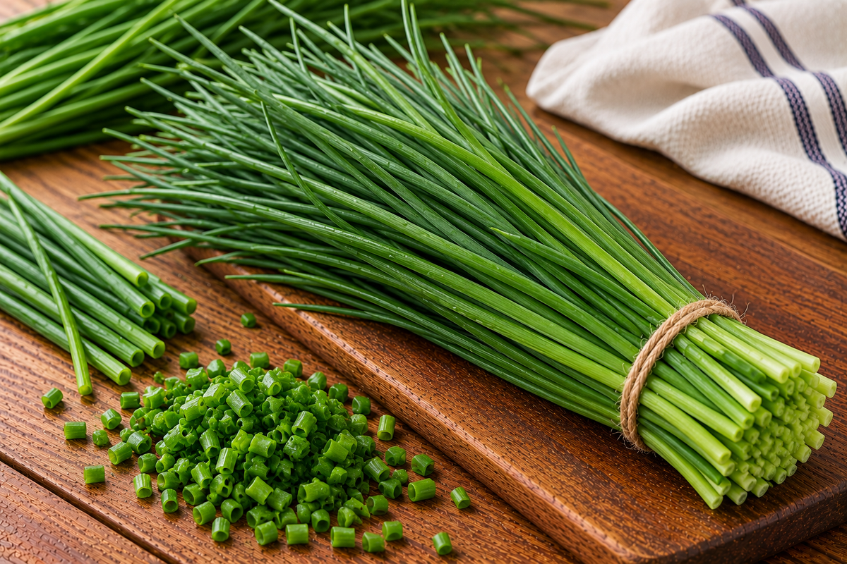 Slender green chive stalks with narrow, grass-like leaves