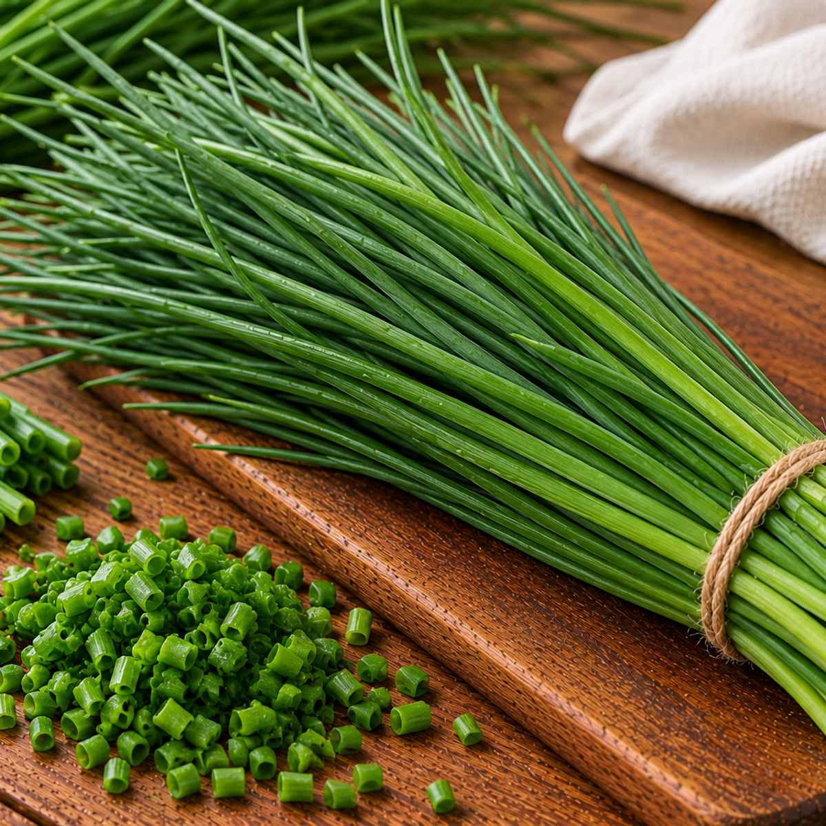 Slender green chive stalks with narrow, grass-like leaves