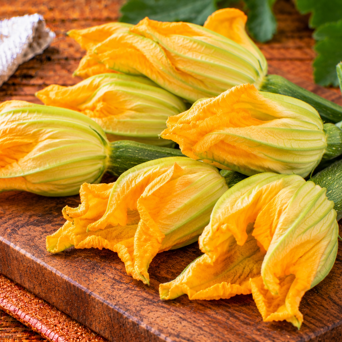 Delicate yellow zucchini blossoms with elongated petals