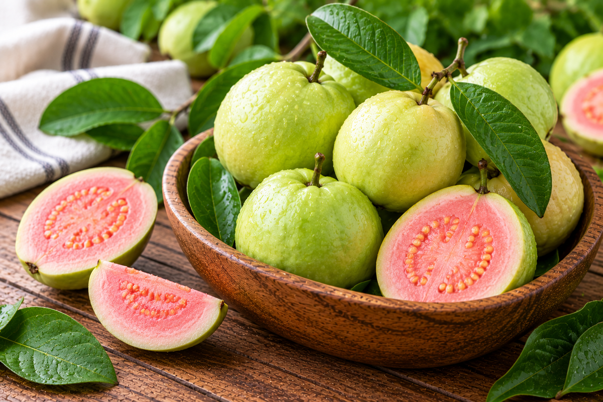 Fresh Thai guavas with pale green skin and pink flesh, sliced to reveal their seeds and arranged in a wooden bowl with green leaves.