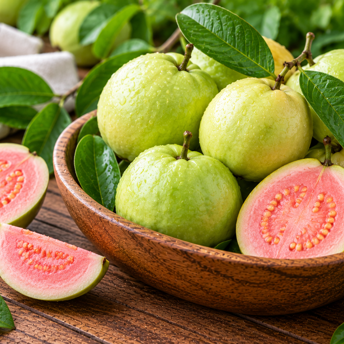Fresh Thai guavas with pale green skin and pink flesh, sliced to reveal their seeds and arranged in a wooden bowl with green leaves.