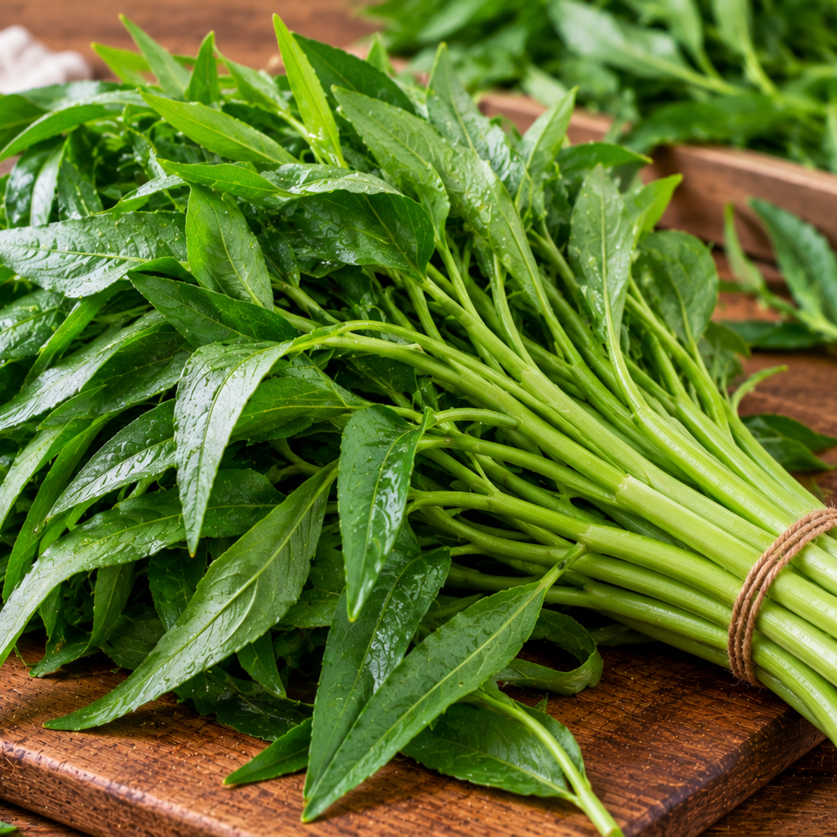 Water spinach with hollow stems and narrow green leaves