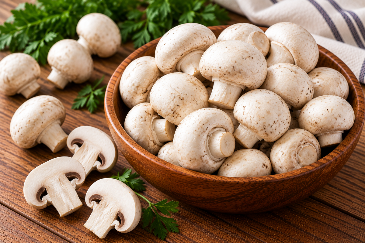 Button mushrooms with smooth, rounded pale caps