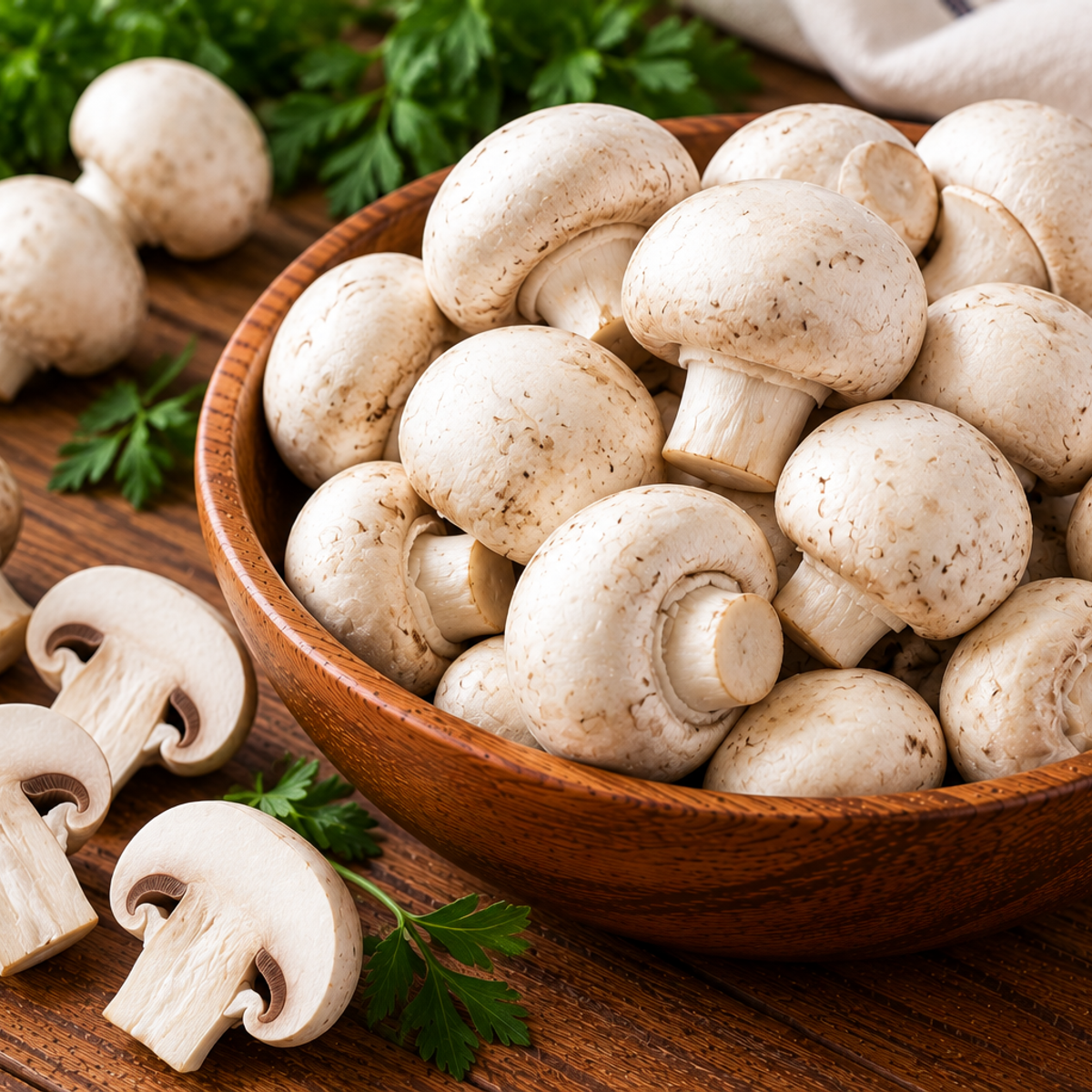 Button mushrooms with smooth, rounded pale caps