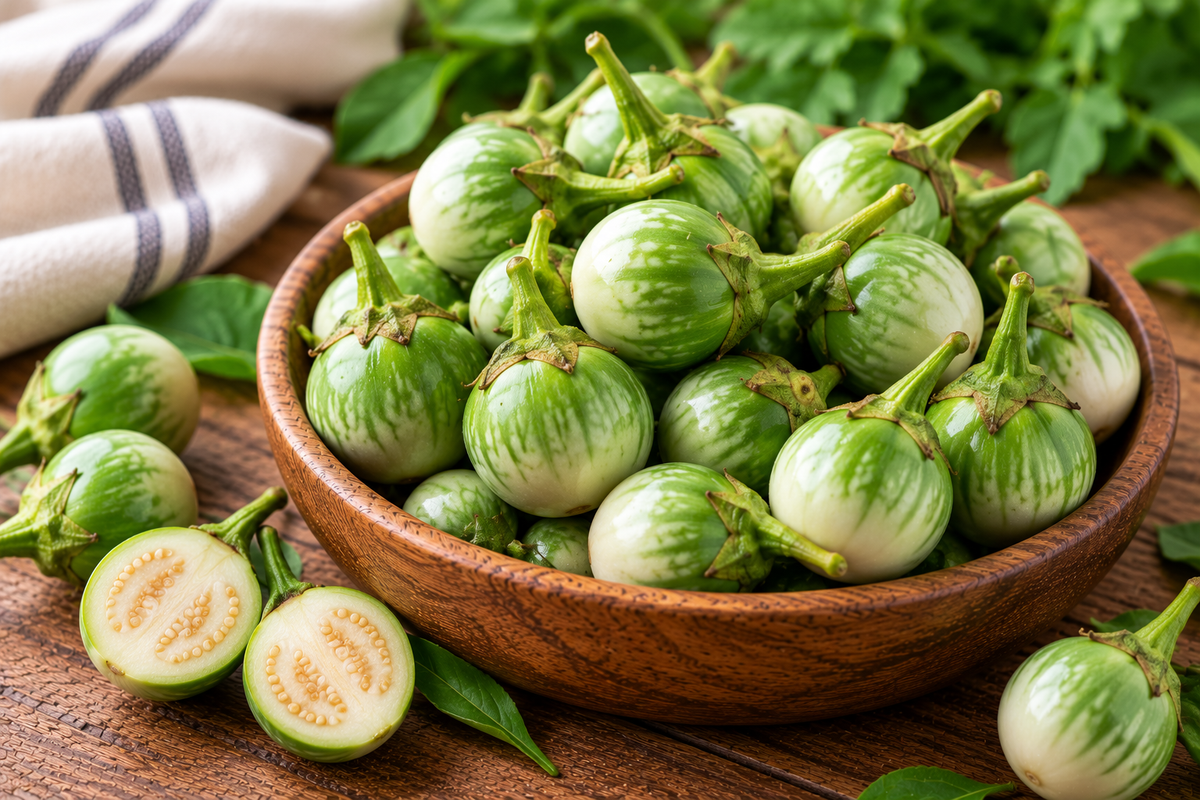 Fresh Thai pea brinjals with green and cream striped skins arranged in a wooden bowl, with sliced brinjals showing their pale flesh and seeds.