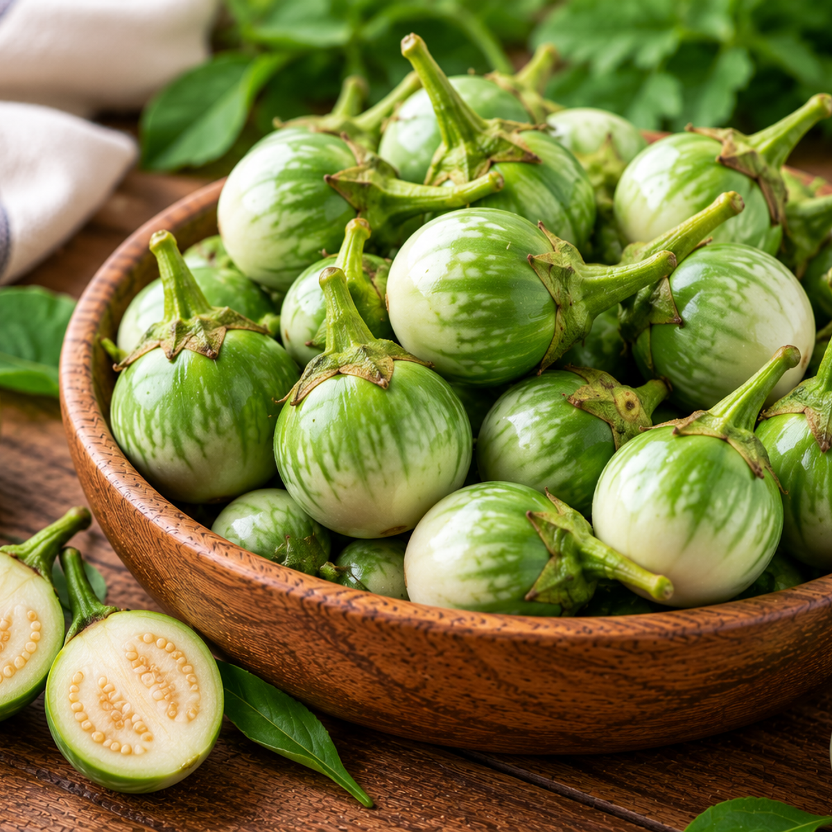 Fresh Thai pea brinjals with green and cream striped skins arranged in a wooden bowl, with sliced brinjals showing their pale flesh and seeds.