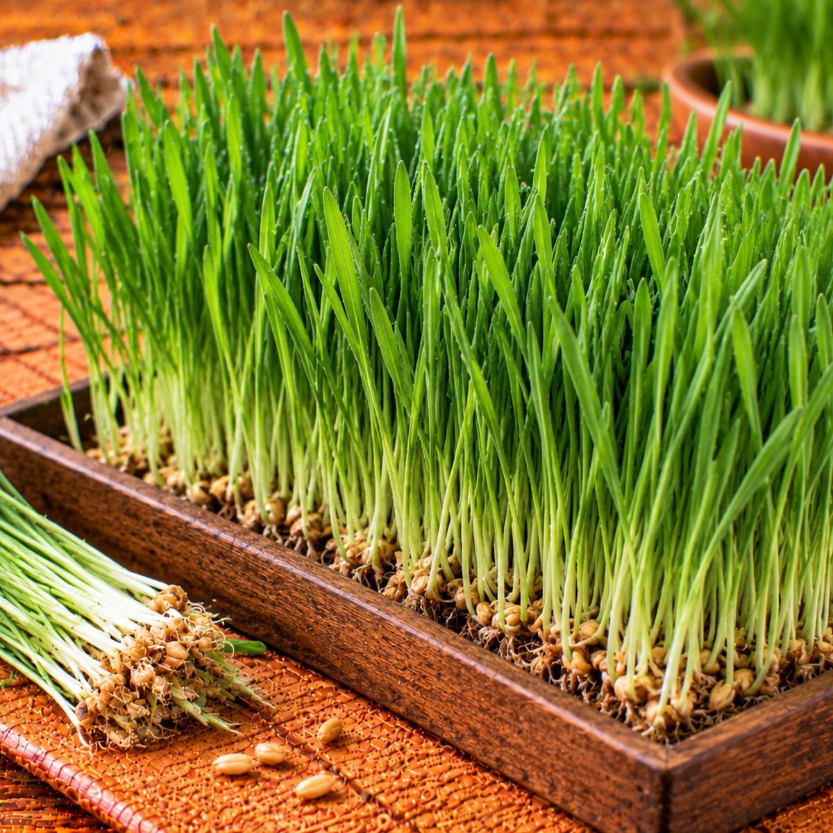 Fine green wheatgrass shoots growing in a dense tuft