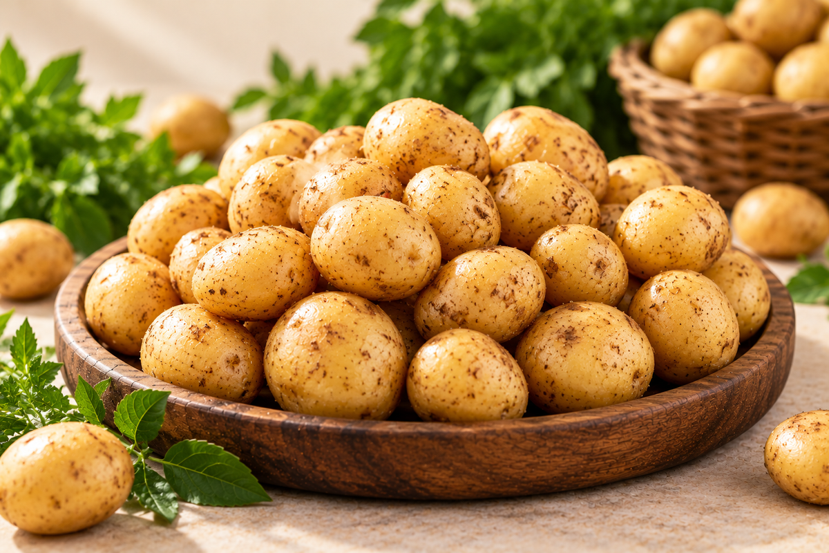 Fresh baby potatoes with golden-brown skins arranged in a rustic wooden bowl, showcasing their natural texture.