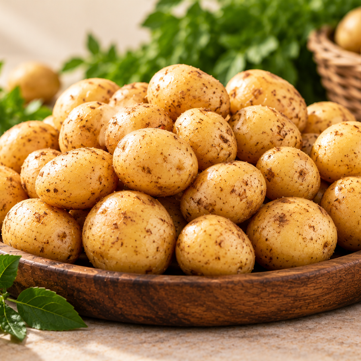 Fresh baby potatoes with golden-brown skins arranged in a rustic wooden bowl, showcasing their natural texture.