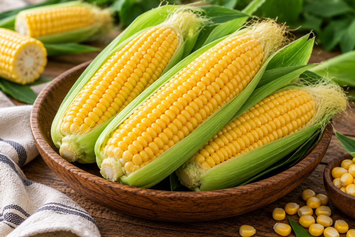 Fresh golden sweet corn cobs with bright yellow kernels and green husks arranged in a rustic wooden bowl.