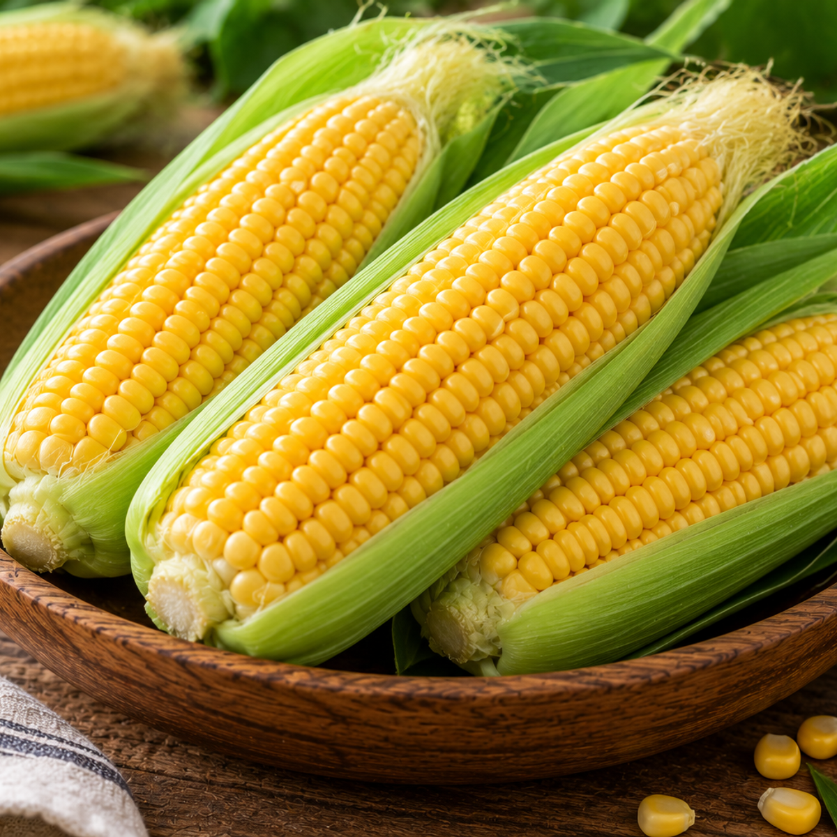 Fresh golden sweet corn cobs with bright yellow kernels and green husks arranged in a rustic wooden bowl.