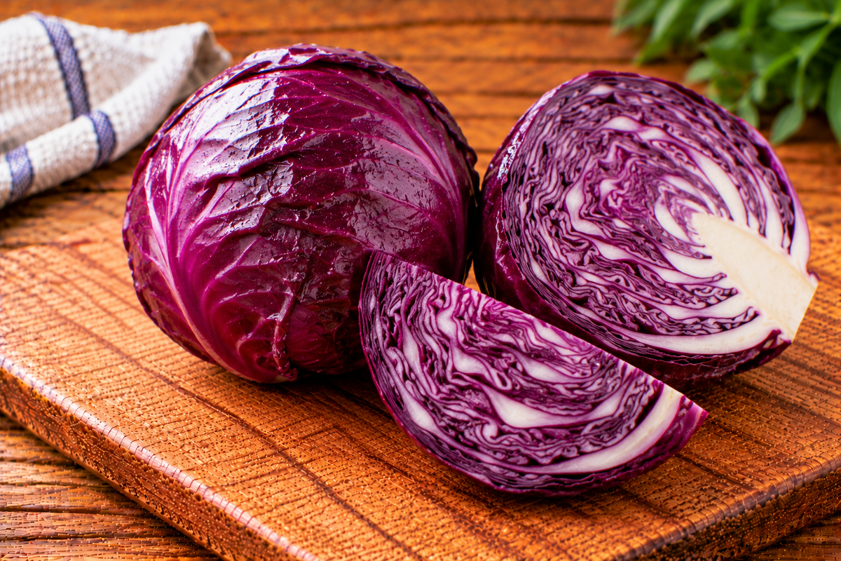 Red cabbage head with tightly packed purple-red leaves