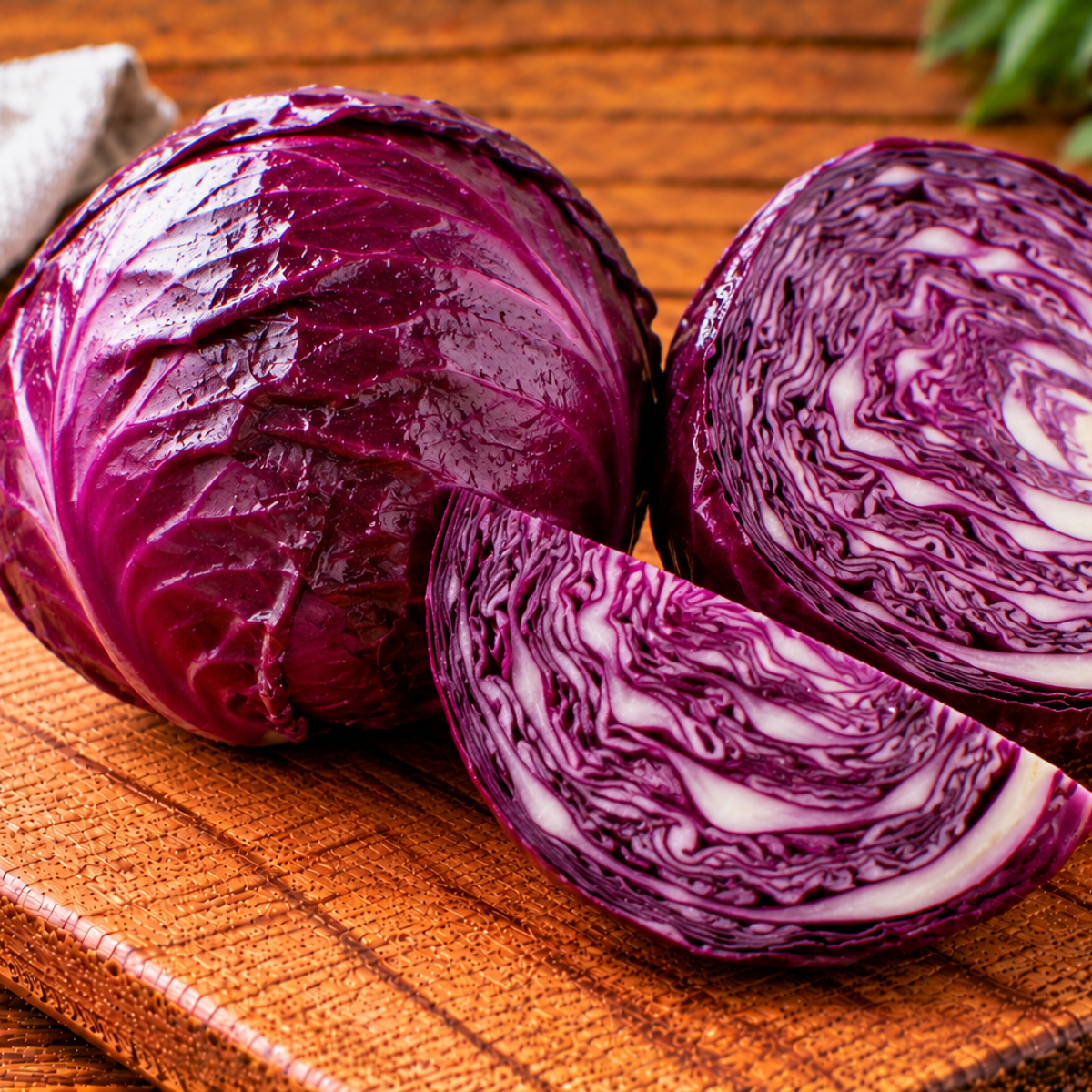 Red cabbage head with tightly packed purple-red leaves